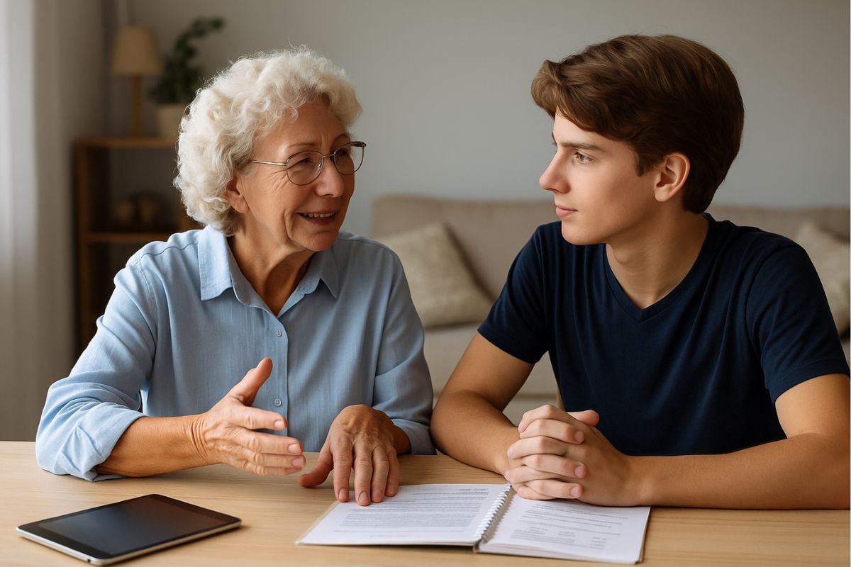 Avó sorridente conversando com neto adolescente sobre experiências de vida e finanças, em um ambiente acolhedor.