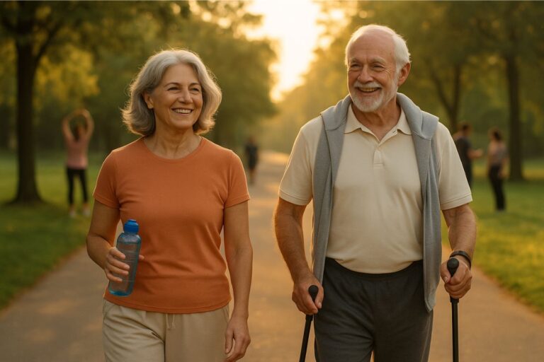 Casal idoso caminhando ao ar livre em um parque, sorrindo, simbolizando saúde, autonomia e bem-estar na velhice.
