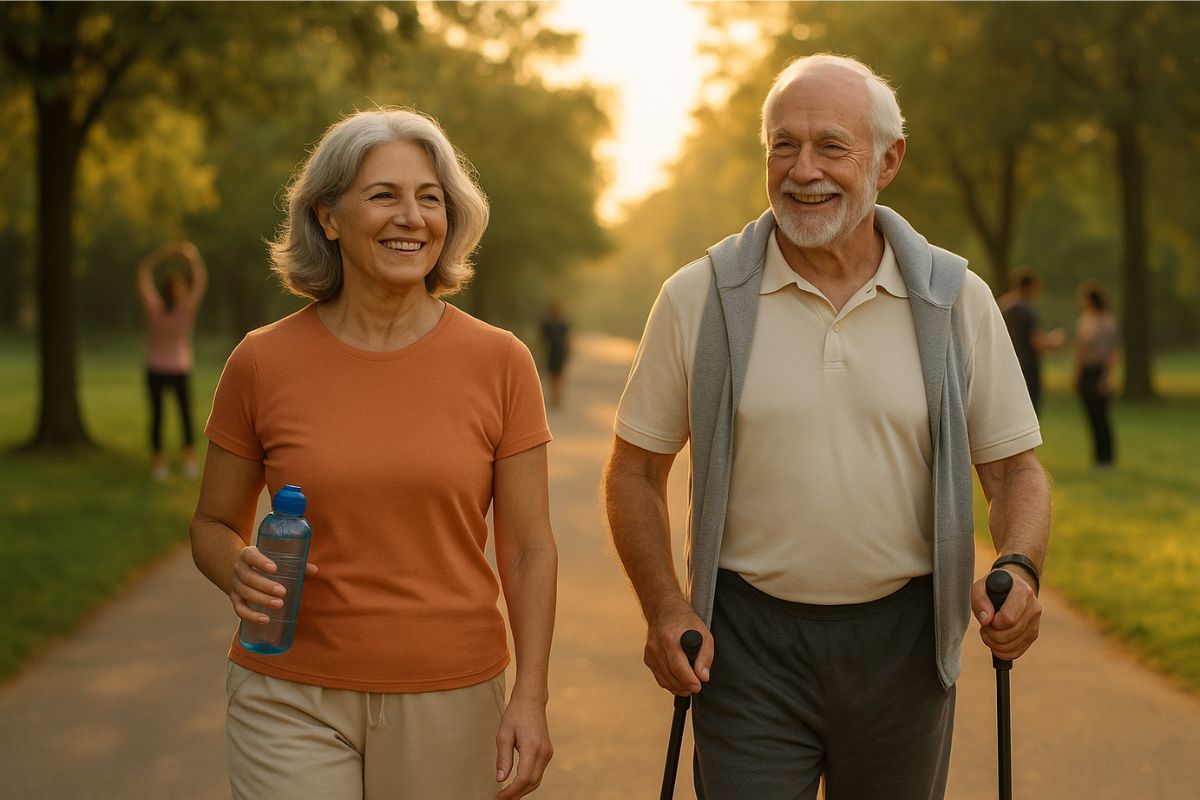 Casal idoso caminhando ao ar livre em um parque, sorrindo, simbolizando saúde, autonomia e bem-estar na velhice.