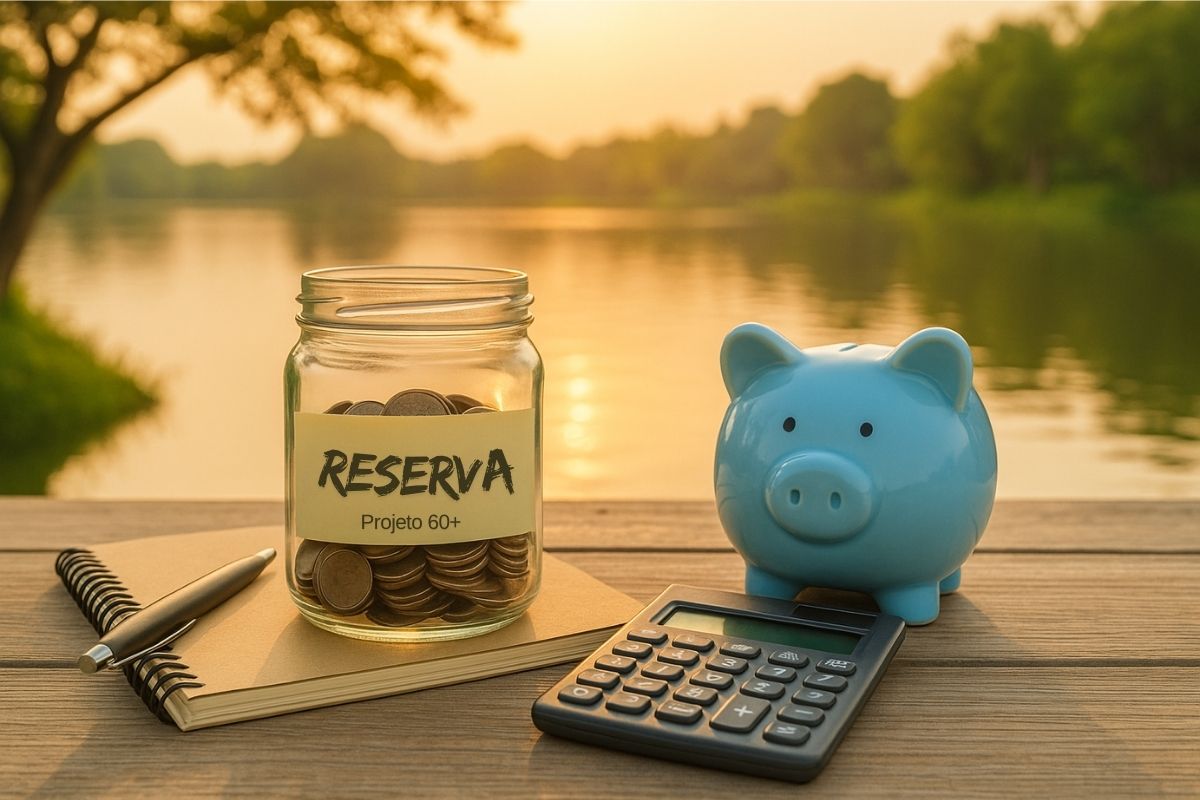 Cofrinho azul, calculadora e pote com moedas para reserva financeira na terceira idade