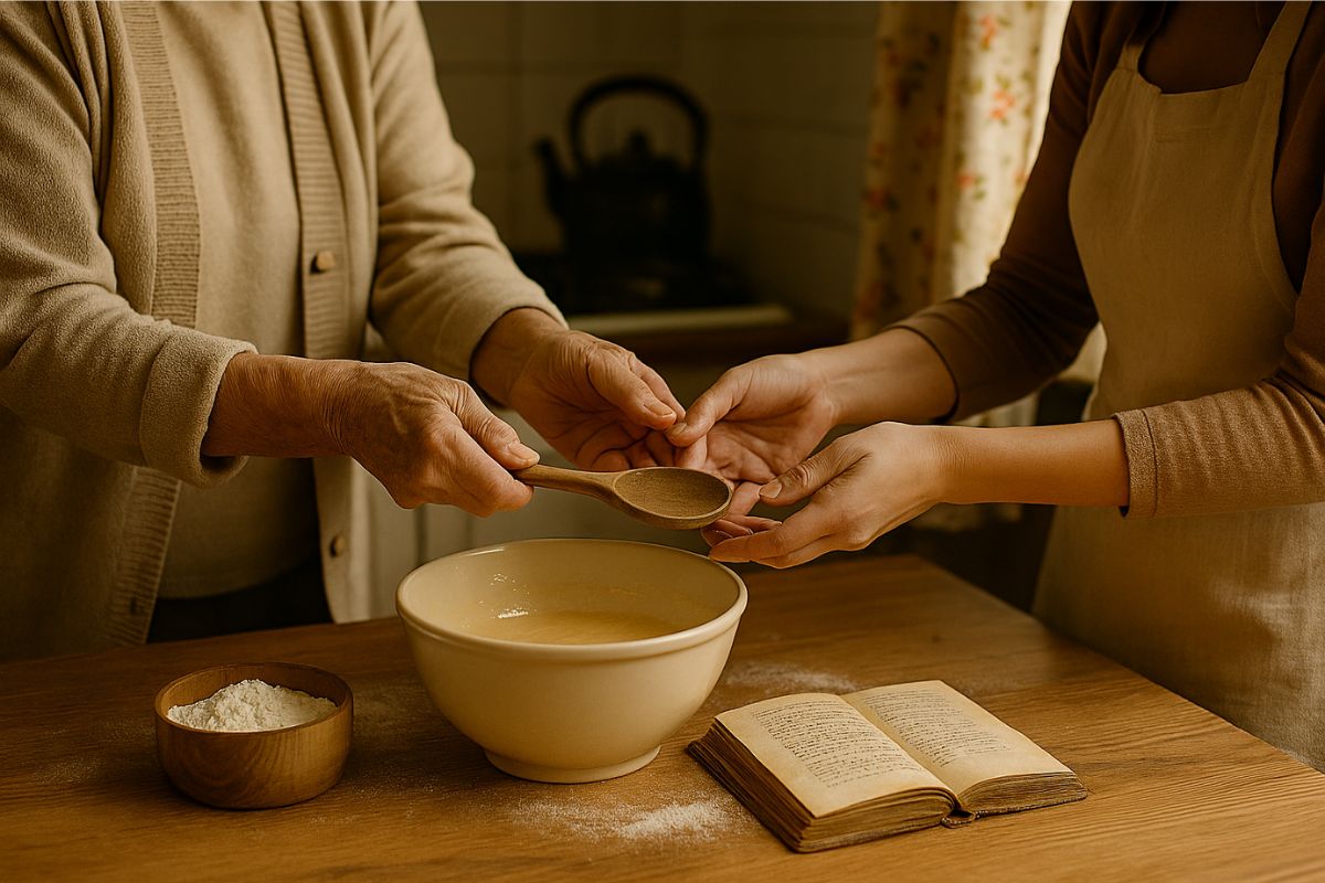 Avó ensinando a neta a fazer uma receita tradicional de família na cozinha