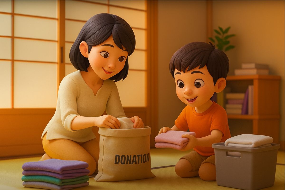 Mãe e filho organizando roupas em um ambiente japonês minimalista, dobrando peças para doação em uma sala com tatame